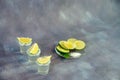 Three glasses of tequila with salt and lime slices on a gray background, next to a glass plate with a traditional snack Royalty Free Stock Photo