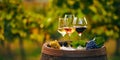 Three glasses with white, rose and red wine on a wooden barrel in the vineyard Royalty Free Stock Photo