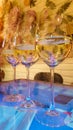 Three glasses of white wine with some residual effervescent bubbles out-gassing on table in bar. Vertical