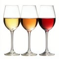 Three glasses of wine showcasing white, ros, and red varieties arranged elegantly on a table Royalty Free Stock Photo