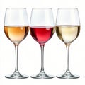 Three glasses of wine showcasing white, ros, and red varieties arranged elegantly on a table Royalty Free Stock Photo