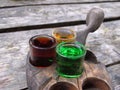 Three glasses on a wooden tray Royalty Free Stock Photo