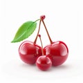 Three Glossy Cherries With A Leaf On A White Background. Sweet And Healthy Dessert Royalty Free Stock Photo