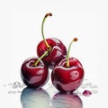 Three glossy cherries with stems, on a reflective surface, showcasing freshness and natural beauty