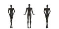 Three glossy female black mannequins. Faceless female mannequin. Abstract female mannequin. Front view. 3d rendering.