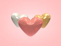 Three glossy heart pink-white-gold soft with pink background 3d render