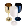 Three glossy plastic blue, white and golden Wineglass for gourmets. Isolated glass cup on white background