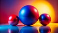 Three glossy spheres in vibrant hues, reflecting light on a polished surface. Generative AI Royalty Free Stock Photo