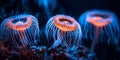 Three glowing coral polyps with orange centers and blue tentacles in a dark underwater setting Royalty Free Stock Photo