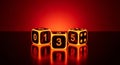 Three Glowing Dice Showing Numbers Zero One and Three on a Dark Reflective Surface gambling game Royalty Free Stock Photo