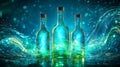 Three Glowing Glass Bottles on Dark Blue Background Royalty Free Stock Photo