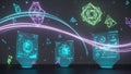 Three holographic screens displaying data with glowing geometric shapes and light trails technology Royalty Free Stock Photo