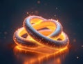 Three glowing metallic rings interlock forming abstract shape. Warm orange light emanates from them, creating sparks and Royalty Free Stock Photo