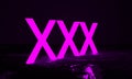 Three glowing purple letters X in dark space. XXX glow letters. Glowing erotic symbol. 3D Render