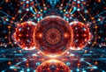 Three glowing spheres with intricate red patterns against a blurred, colorful background Royalty Free Stock Photo