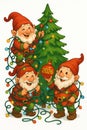 Three gnomes decorate a Christmas tree with colorful lights and a 2026 ornament Royalty Free Stock Photo