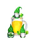 Three gnomes in irish green colors with beer mug, lucky four 4 leaves clovers. Watercolor