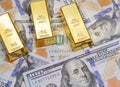 Three gold bar with new american hundred dollar bills Royalty Free Stock Photo