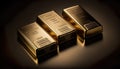 Three Gold Bars Lying Illuminated On A Dark Background - Generative AI Royalty Free Stock Photo