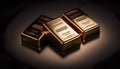 Three Gold Bars Lying Illuminated On A Dark Background - Generative AI Royalty Free Stock Photo
