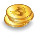 Three gold coins in stack Bitcoin BTC with shadow in isometric view isolated on white background. Design element