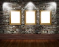 Three gold frames on brick wall