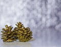 Three gold pine cones on the background bokeh. Royalty Free Stock Photo
