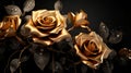 Three gold roses with water droplets