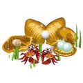 Three Gold shells with pearls and crabs