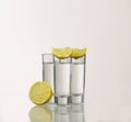 Three gold tequila shots with lime isolated on white Royalty Free Stock Photo