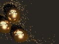 Three golden balloons with golden confetti lie on a black background. Top view. Festive greeting card with space for copy. 3D rend