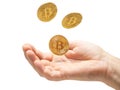 Three golden bitcoins in the air and open hand, white background. Holding wealth concept. Investing money into virtual currency Royalty Free Stock Photo