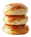 Three golden brown stacked fresh baked soft bread rolls, isolated on a clean white studio background Royalty Free Stock Photo