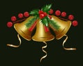 Three golden Christmas bells with holly berries and gold ribbons on a black background. Happy New Year decoration. Vector Royalty Free Stock Photo