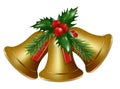 Three golden Christmas bells with holly berries isolated on a white background. Happy New Year decoration. Vector Royalty Free Stock Photo