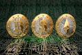 Three golden coins - Bitcoin, Dollar and Ethereum