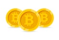 Three golden coins with bitcoin symbol isolated on white background. Royalty Free Stock Photo