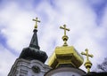 Three golden crosses on an orthodox church against blue sky Royalty Free Stock Photo