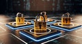 Three golden digital padlocks representing cyber security data protection and encryption on circuit board Royalty Free Stock Photo