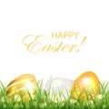 Three golden Easter eggs on white background Royalty Free Stock Photo