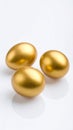 Three golden eggs with smooth reflective surfaces arranged on a white background Royalty Free Stock Photo