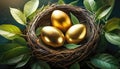 three golden eggs in a wicker bird\'s nest Royalty Free Stock Photo