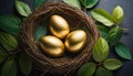 three golden eggs in a wicker bird\'s nest Royalty Free Stock Photo