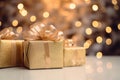 three golden gift boxes with bows on a white background Royalty Free Stock Photo