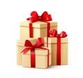 Three golden gift boxes with red ribbons, depicted in an image for wrapping presents. Royalty Free Stock Photo