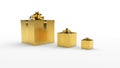 Three golden gift boxs with golden ribbon bow stand in a row on the light background