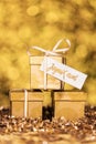 Golden gifts with french text which means merry christmas Royalty Free Stock Photo