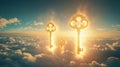 Three Golden Keys Floating Above Clouds at Sunset Royalty Free Stock Photo