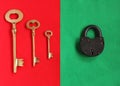 Three golden keys on red felt and close padlock on green felt Royalty Free Stock Photo