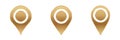 Three golden map pointer icons in a horizontal alignment with circular design elements